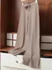 Pantalones de punto de lana 100% pura de pierna ancha para mujer, engrosados, de cintura alta, holgados, de pierna recta, con una caída fluida y diseño hasta el suelo