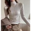 Camiseta Base de Manga Larga Color Café Estilo Americano de Fábrica para Mujer, Diseño Otoño e Invierno, Estilo Coreano, Hombro Normal, Prenda Interior Adelgazante