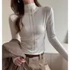 Camiseta Básica Elegante de Patchwork con Doble Costura y Cuello Medio Alto para Mujer, Otoño e Invierno, Tencel Lyocell, Hombro Normal, Top Trendy para Llevar por Debajo