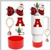 Accesorios para Regalo de Navidad Cadena para Vaso de Agua Stanley Tapa con Popote de Papá Noel Colgante de Reno Rojo con Bola Esponjosa