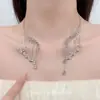Glow PlateadoCollar tipo gargantilla de plata con borla de gota de agua estilo coreano y diamantes brillantes para mujer, exquisito, de lujo ligero, alta gama, versátil