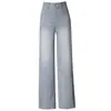 3133 Calça jeans de nove pontos para mulheres de meia-idade, cinza bordada com strass, calça reta fina, caimento fluido em Tencel, adequada para figuras baixinhas