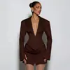 Comércio Exterior Roupas Femininas Europeias e Americanas Outono e Inverno Novo Sexy Decote em V Profundo Cintura Franzida Conjunto Estilo Europeu e Americano Lapela Cor Lisa Vestido