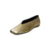 Zapatos Planos de Piel de Vaca de Primera Capa con Boca Baja para Mujer, Nuevo Estilo Primavera Temprana, Piel Genuina por Dentro y por Fuera, Zapatos de Puntera Cuadrada de Caña Baja Dorados y Plateados para Mujer