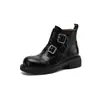 Botines cortos de moda para tallas grandes, botines de motociclista para mujer, estilo nuevo con suelas gruesas, tacones gruesos, punta redonda, detalle de hebilla, hechos de piel de oveja de plena flor, botines