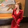 Vestido de punto rojo para mujer, nuevo estilo otoño e invierno, ajuste ceñido, capa base, ropa interior, suéter de Año Nuevo, vestido largo