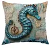 Funda de almohada temática de mapa de tortuga, caballito de mar, caracola, estrella de mar - Popular en Temu, transfronteriza para oficina y dormitorio
