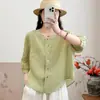 Camisa de Algodón y Lino de Color Sólido Corta de Moda Casual Versátil con Bolsillo Adelgazante para Mujer Verano 2025