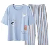 Pijama feminino de algodão com bojo, manga curta, calça cropped, fino, respirável, fofo, cartoon, roupa de casa, conjunto de verão