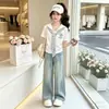 Conjunto de Verão Feminino Estilo Marinho com Xale Integrado e Manga Curta Academia Conjunto de Peça Falsa Dupla Top Calça Wide Leg Conjunto de Duas Peças