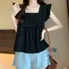 Camisa doce versátil estilo francês com decote quadrado, novo design vintage de verão, top babydoll curto acinturado com mangas bufantes