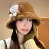Chapéu de Balde de Pelúcia de Urso Fofo da Moda Versão Coreana para Mulheres, Chapéu de Pescador Espesso Quente à Prova de Frio com Proteção para Orelhas, Estilo Japonês Versátil