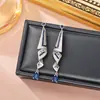 Pendientes Pesados Vintage de Zirconia Completa de Lujo Ligero para Mujer, Pendientes de Gota de Moda Exquisitos de Gama Alta con un Sentido de Elegancia, Pendientes de Cinta Azul