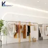 Loja de Roupas Femininas Rack de Exibição de Madeira Prateleira de Chão com Cabideiro Madeira Maciça Stand de Exibição Pedra Ilha