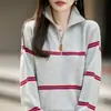 Suéter tejido a rayas de lana pura con cuello alto y media cremallera para mujer, estilo casual, engrosado y cálido, top versátil como capa base