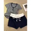 395 Listrado Retrô com Busto Acolchoado Verão 2026 Novo Estilo Pijama para Mulheres Estilo Coreano Manga Curta Simples Conjunto para Casa