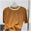 Primavera y Verano Nuevo Estilo Coreano Holgado Estilo para Ir al Trabajo Coreano Dongdaemun Color Fresco Pequeño Combinación de Colores Cuello Redondo Versátil de Punto de Manga Corta