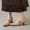 Couro de Vaca Camada Superior Lavada Simples Sapatos Mary Jane Versáteis Primavera 2025 Salto Médio Grosso Bico Redondo Couro Genuíno Sapatos de Botão Único para Mulheres