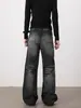 Pantalones Largos de Mezclilla nirben Estilo Retro Americano Lavados Desgastados con Bigotes Desestructurados para Hombre Versátiles Rectos Sueltos