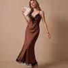 Sexy camisón largo de tiras de encaje, ropa de estar de satén elástico, talla europea, camisón largo con abertura lateral
