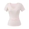 Buen Ajuste, Cintura Pequeña Camiseta, Top de Manga Corta Tencel Lyocell, Cuello en V, Hombro Derecho, Cintura de Aspecto Adelgazante, Camisa Básica Plisada, Camiseta