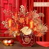 Decoraciones de Año Nuevo, Cubo de la Fortuna Floral de Terciopelo para Nochevieja, Cubo de Abrazos de Frutas Rojas Terminado, Decoración del Festival de Primavera, Arreglo para Inauguración de Casa Nueva