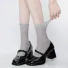 Meias Brancas com Borda Franzida, Meias Finas Listradas de Verão até o Meio da Panturrilha, Meias Soltas Respiráveis Estilo Ballet, Meias de Algodão com Renda
