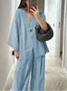 Traje Casual de Moda Femenina Transfronteriza 2025 Top Holgado de Manga Larga con Cuello en V y un Botón Pantalones de Cintura Alta Conjunto de Dos Piezas