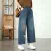 Jeans bordados retro de estilo japonés para mujer, verano, pequeños, holgados, delgados, pantalones de pierna ancha, pantalones casuales combinables para mujer