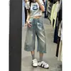 Shorts jeans estilo retrô americano com estampa de estrelas desgastada para mulheres, calça cropped solta de verão plus size