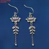Pendientes de Plata de Ley S925 Flor de Loto Espiga de Trigo Pez Dorado Hoja de Bambú Pendientes Retro Antiguos Estilo Étnico Largos