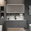 Gabinetes de baño de aluminio tipo panal SPC color blanco crema con esquinas redondeadas combinación de gabinete para lavabo de cerámica lavabo