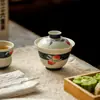Gaiwan de Cerâmica Estilo Antigo Pintado à Mão com Esmalte Caramelo e Design de Pêssego Índigo para Uso Doméstico, Adequado para Chá Kung Fu e Preparo de Chá