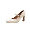 Versión de Piel de Vaca~Zapatos Mary Jane de Tacón Grueso con Punta Cuadrada Francesa 2026 Nuevo Estilo Retro Correa Única Tacones Altos Bajos