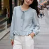 Camisa Feminina com Gola Laço e Borda Franzida Estilo Coreano, Coleção Primavera 2026, Design Jovem, Blusa de Nicho Estilo Francês