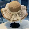 Chapéu de Pescador de Palha com Laço de Renda para Mulheres, Chapéu de Sol de Aba Larga para Praia de Verão e Litoral, Chapéu de Sol para Proteção Solar em Viagens