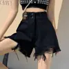 Shorts de Mezclilla Agujero Negro para Mujer Verano 2025 Nuevos Moda Ins Talla Grande Pantalones Cortos Ajustados Cintura Alta Pierna Ancha A- Mostrado Pantalones