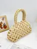 Bolso de Mano Tejido a Mano con Cuentas para Mujer, Bolso de Mano Tejido con Cuentas de Madera Color Beige con Diseño de Malla Hueca, Bolso de Viaje Estilo Hada para Vacaciones