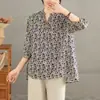Foto Real de la Camisa de Algodón Floral de Nuevo Estilo 26 Primavera/Verano para Mujer, Corte Holgado, Mangas Tres Cuartos, Cuello en V, Top Elegante, Camisa Estampada para Mujer