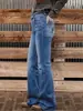 Pantalones vaqueros holgados de pierna ancha elásticos para mujer, con bolsillo trasero azul bordado, transfronterizos