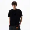 Camiseta Top Casual Texturizado Americano Vintage de Malha Canelada com Gola Henry de Manga Curta Unissex Solta Tendência
