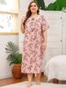 Primavera y Verano Europeo y Americano Talla Grande Ropa de Casa para Mujer Camisón de Manga Corta con Encaje Empalmado Elástico en Cuatro Direcciones Pijama Estampado para Mujer
