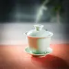 Yuerui Cerâmica Tigela de Três Talentos com Tampa Xícara de Chá Individual Conjunto de Chá Kung Fu Tigela de Chá Portátil Xícara de Chá Xícara de Porcelana Jade para Fazer Chá