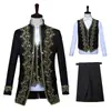 Traje formal para hombre de estilo europeo con ribete dorado, atuendo de corte, conjunto de tres piezas con chaleco para hombre, vestuario de estudio, atuendo de escenario de ópera en blanco y negro