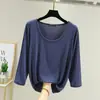 Camiseta de manga tres cuartos para mujer, corte holgado, talla grande, fina, color liso, versátil, top de cuello redondo, modal, principios de otoño