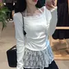 Venta al por mayor del fabricante Otoño e Invierno Terciopelo con Hilo Elegante Encaje Empalmado Cuello Halter Manga Larga Camiseta Interior Cálida para Mujer