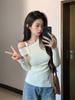 Camiseta de Punto de Manga Larga con Hombro de Cuello Oblicuo para Mujer Otoño e Invierno Interior Ajustado Adelgazante Base Elegante Top Sexy para Chicas Calientes