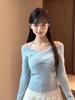 Top de Punto Azul de un Hombro con Cuello Halter para Mujer, Otoño Nicho Cruzado Ajustado Corto, Estilo Commuter