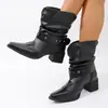 Elegantes Botines Vaqueros Occidentales Plisados para Mujer 2026 Primavera/Otoño Más Vendidos Negros Adelgazantes Puntiagudos Tacón Grueso Botines de Montura