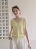 Chal Tejido Falso de Dos Piezas para Mujer Manga Corta Verano Hueco Delgado Estilo Suave Casual Adelgazante Jersey Verde Claro